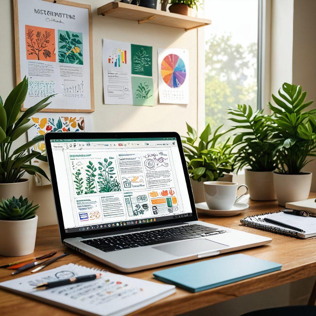 A laptop with a colorful, engaging blog post open, surrounded by vibrant illustrations of visually striking content strategies like infographics, videos, and social media icons. The background features a bright and sunny workspace with plants and soft lighting to evoke creativity. Include a notebook with creative sketches and a coffee cup to enhance the warm atmosphere. Digital art style with vibrant colors.