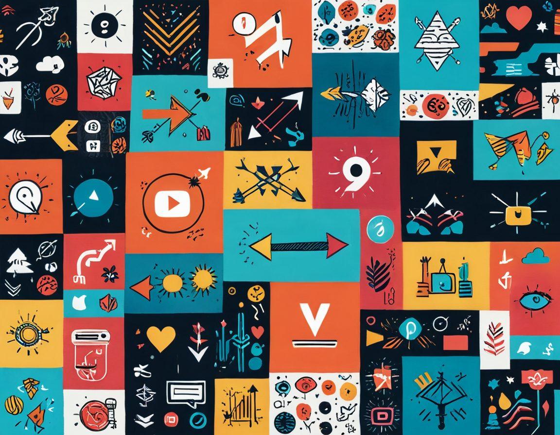 A dynamic collage of various media thumbnails featuring eye-catching visuals, vibrant colors, and icons representing different platforms (like YouTube, Instagram, and Twitter). Include hand-drawn arrows connecting the thumbnails to represent sharing, along with a glowing key symbolizing 'unlocking' potential. Background should be abstract and engaging to convey creativity. vector art. bright colors. whimsical style.