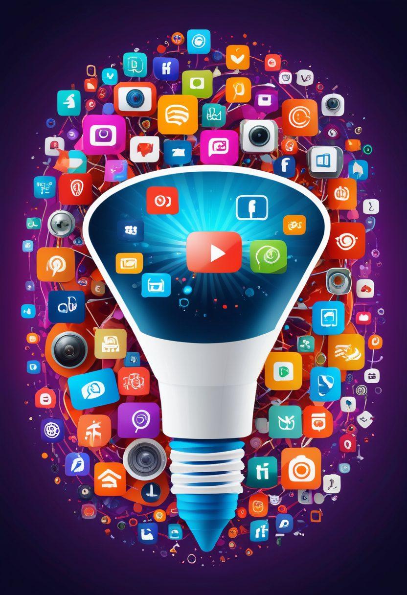 A dynamic collage showcasing various media links transforming into colorful visual hooks. Incorporate a blend of vibrant icons representing video, audio, and blogs, converging into a captivating funnel that symbolizes effective content distribution. Add a background of interconnected digital nodes and abstract visuals, emphasizing connectivity and creativity. super-realistic. vibrant colors. digital art.